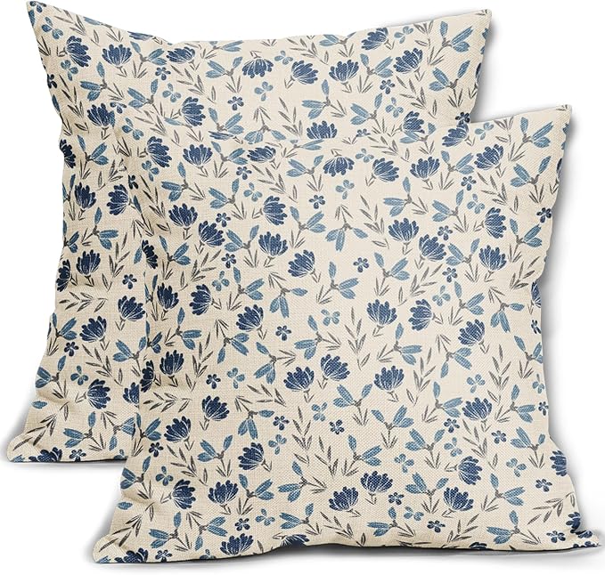 Blue Grey Gray Floral Pillow Covers 20x20 Set of 2 Vintage Rustic Old Style Cute Small Flower Print Decorative Outdoor Pillowcases Farmhouse Throw Cushion Case Decor for Couch Sofa Bed