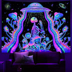 Galoker Blacklight Skeleton Tapestry Fantasy Plant Floral Tapestry UV Reactive Alien UFO Tapestries Galaxy Space Tapestries Wall Hanging for Home Decor(H70.8×W92.5 inches)