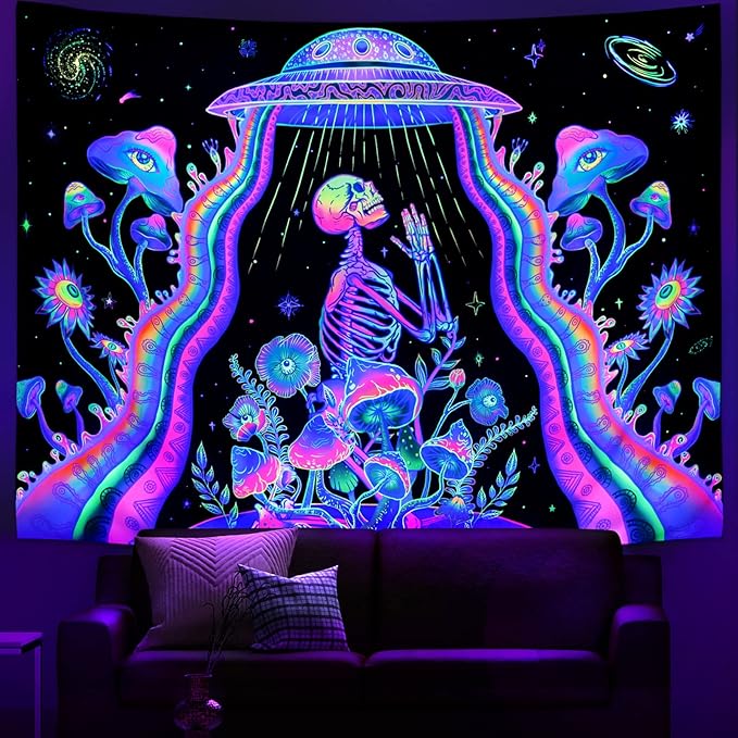 Galoker Blacklight Skeleton Tapestry Fantasy Plant Floral Tapestries UV Reactive Alien UFO Tapestry Galaxy Space Tapestries Wall Hanging for Home Decor(H51.2×W59.1 inches)