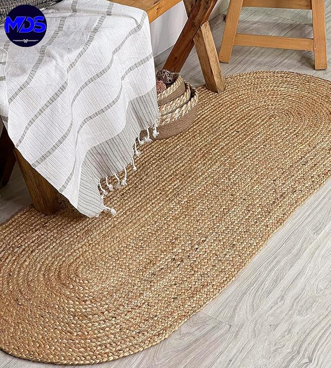 MDS Pack of 1 Handwoven Braided Jute Area Rug 2x10 feet Oval - 100% Natural Burlap Reversible Accent Rugs for Home Decor, Living Room, Doormat, Kitchen, Entryway Rug, Rustic, Farmhouse (2'x10')
