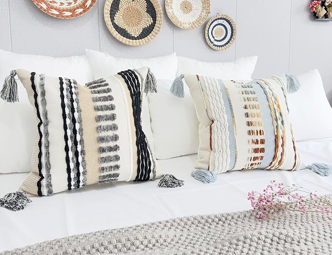 Boho Throw Pillow Covers 18x18 Aesthetic Neutral Boucle Couch Pillow Cover Rainbow Striped Decorative Accent Pillow Case for Couch Bed Sofa Farmhouse Bedroom,Modern Funky,Set of 2 Grey
