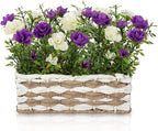 Artificial Rose Flowers with Woven Basket, Faux Roses in Fake Rattan Planter for Table Centerpiece, Romantic Floral Arrangement for Home Bathroom Office Desk Spring & Rustic Decor, Cream White Purple