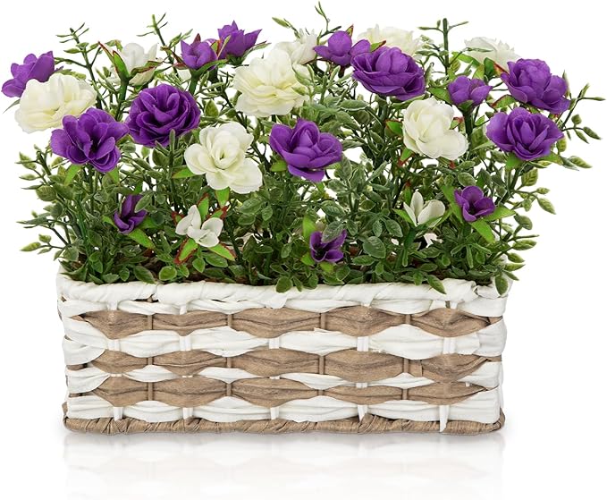 Artificial Rose Flowers with Woven Basket, Faux Roses in Fake Rattan Planter for Table Centerpiece, Romantic Floral Arrangement for Home Bathroom Office Desk Spring & Rustic Decor, Cream White Purple