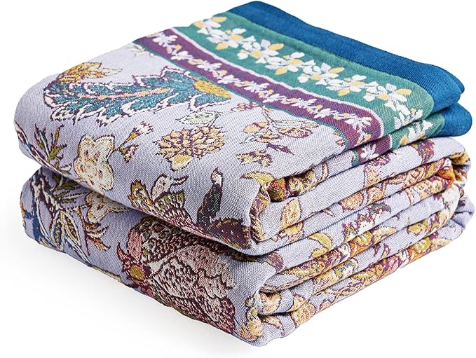 Boho Throw Blanket 60" x 80", 100% Organic Cotton Breathable Ultra Soft Bed Purple Quilt Throw - All Season Luxury Floral Farmhouse Decor Blanket for Sofa Couch Chair and Gift.