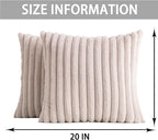 Pack of 2 Faux Fur Christmas Throw Pillow Covers 20x20 Inch, Soft Plush Striped Neutral Couch Pillow Cover, with Velvet Back Modern Home Decor for Sofa Living Room Couch Bed Light Grey