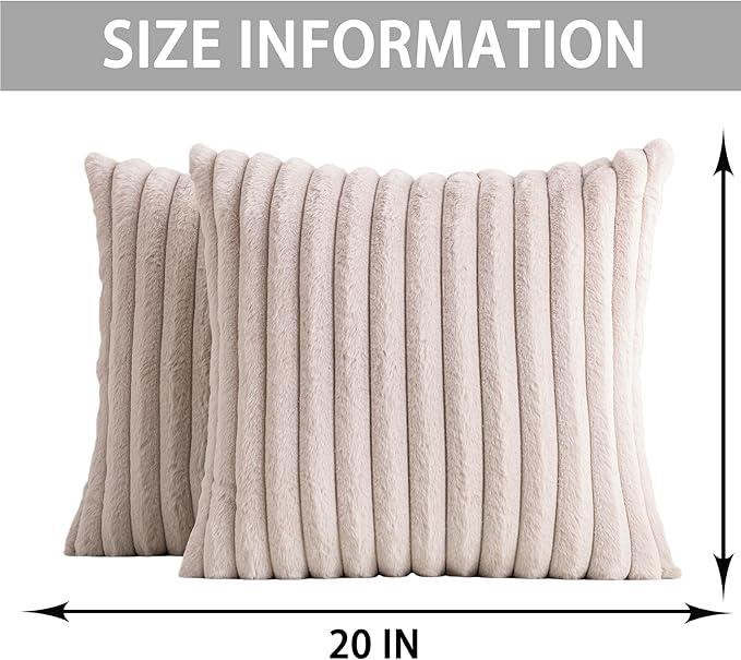 Pack of 2 Faux Fur Christmas Throw Pillow Covers 20x20 Inch, Soft Plush Striped Neutral Couch Pillow Cover, with Velvet Back Modern Home Decor for Sofa Living Room Couch Bed Light Grey