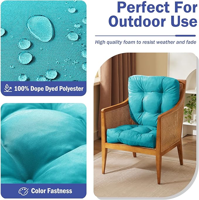 Outdoor Chair Cushions Set of 2, Patio Chair Cushions with Ties, 19x19+5” Tufted Outdoor Seat Cushions, Waterproof Patio Furniture Cushions, Outdoor Dining Chair Pads, Teal