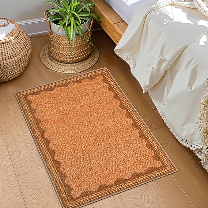 Scalloped Orange Door Mat Indoor Rugs for Entryway Small Rug 2x3 Washable Non-Slip TPE Backing Modern Minimalism Soft Low-Pile Throw Carpet for Bedroom Kitchen Bathroom