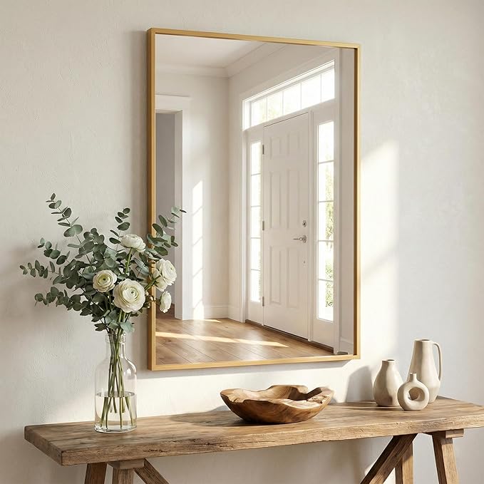 24''x36'' Gold Bathroom Mirror | Antique Brass Deep-Set Recessed Metal Frame | Heavy-Duty Rectangular Wall Mirror | Traditional Mantel & Bedroom Decor
