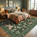 Mushroom 9x12 Area Rugs for Living Room Low-Pile Whimsical Cottage Core Insect Bug Butterfly Funky Dark Gothic Decor for Bedroom Nursery Dining Room Olive Green