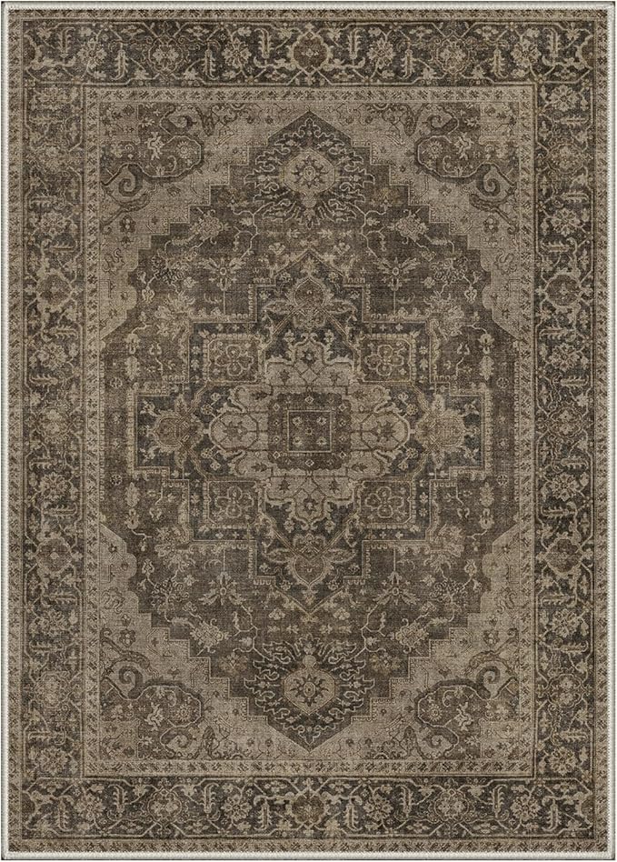 GENIMO 5x7 Area Rugs for Living Room, Machine Washable Non Slip Vintage Rugs, Low Pile Lightweight Chenille Print Rug for Bedroom, Dining Room, Home Office, Vintage Chocolate