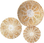 Glenmal 3 Pcs Boho Wall Basket Decor Decorative Bulrush Woven Basket Wall Decor Art Farmhouse Handmade Hanging Baskets with African Design for Living Room Display Table Settings Kitchen Home(Bright)
