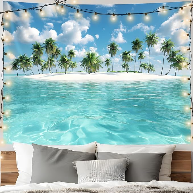 AOHMPT Ocean Tapestry, Beach Evening Sunset Tapestry, Natural Beach Palm Tree Landscape Tapestries Poster, Seaside Landscape Wall Hanging for Bedroom, Dorm Room and Living Room Wall Decor 79" L x 59" W