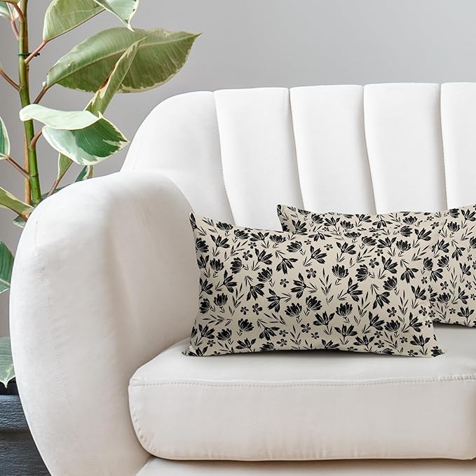 Black Floral Pillow Covers 12x20 Set of 2 Vintage Rustic Old Style Cute Small FlowerBlack Cream Print Decorative Outdoor Pillowcases Farmhouse Throw Cushion Case Decor for Couch Sofa Bed