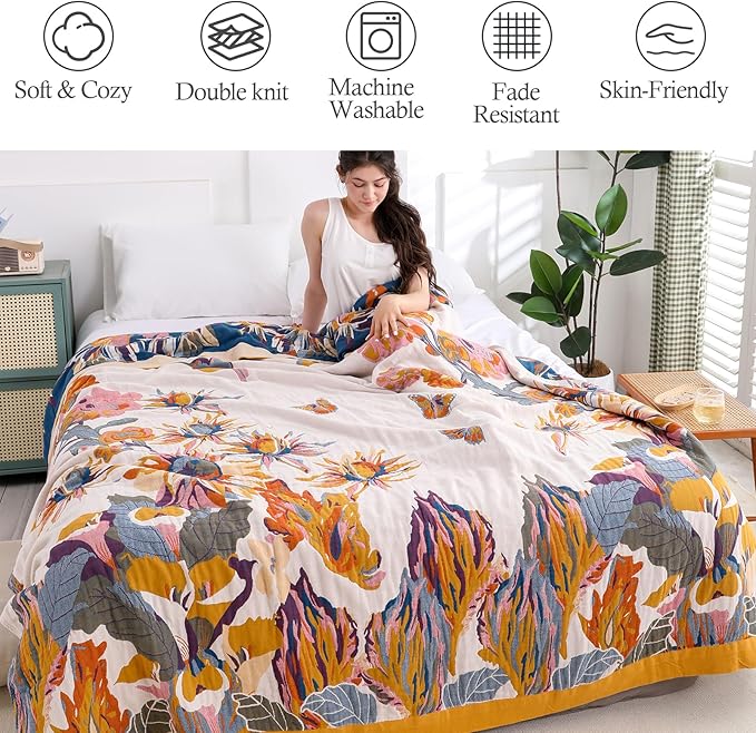 Snycler Boho Throw Blanket for Bed - 100% Cotton Ultra Soft Rustic Quilt - Watercolour Floral Printed Farmhouse Decor Bed Fall Blankets, 60"×80" All Season Rustic Throw for Sofa Couch Chair