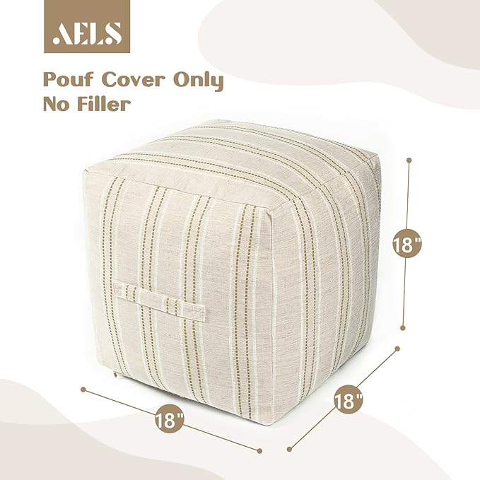 AELS Unstuffed Farmhouse Pouf Cover for Living Room, Boho Storage Bean Bag Cubes, Beige with Brown Stitch Yarn Dyed Stripe Square Ottoman Pouf Foot Rest Footstool, 18"x18"x18", Cover ONLY