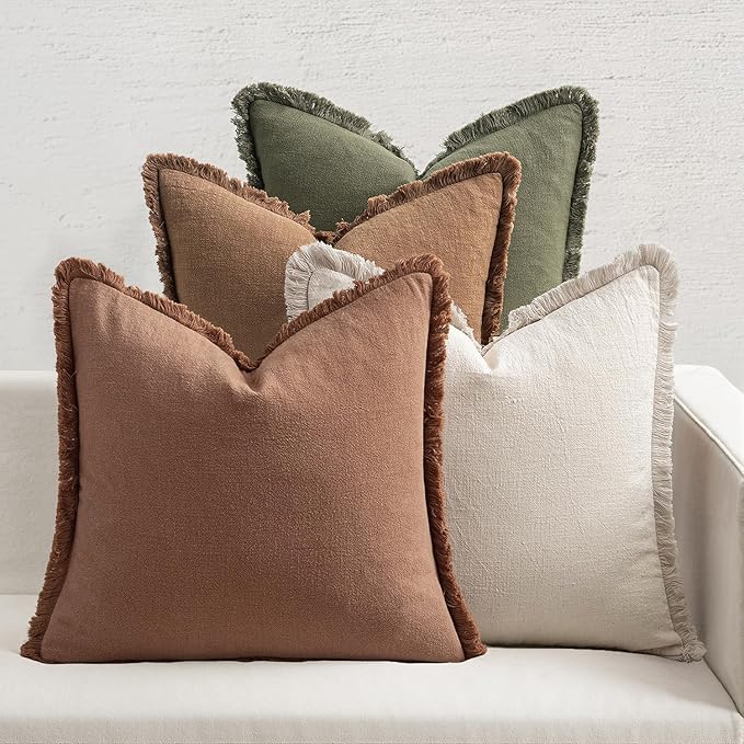 MIULEE Decorative Couch Pillow Covers Neutral Linen Fringe Throw Pillows Set of 4 Soft Rustic Cushions Boho Farmhouse Pillowcases for Bed Sofa Living Room Spring Decor 18x18 Inch Beige/Brown/Green