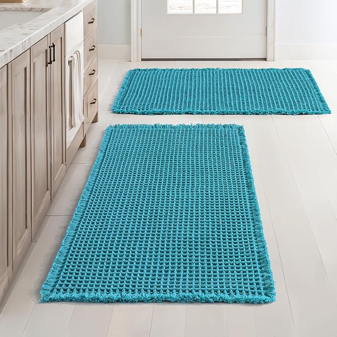 MIULEE Set of 2 Waffle Bathroom Rugs, Boho Bath Rugs Non Slip Washable, Super Absorbent Bath Mats, Ultra Soft Rubber Backed Shower Mats for Bathroom Floor, Tub and Shower, Teal, 18x30 Inch