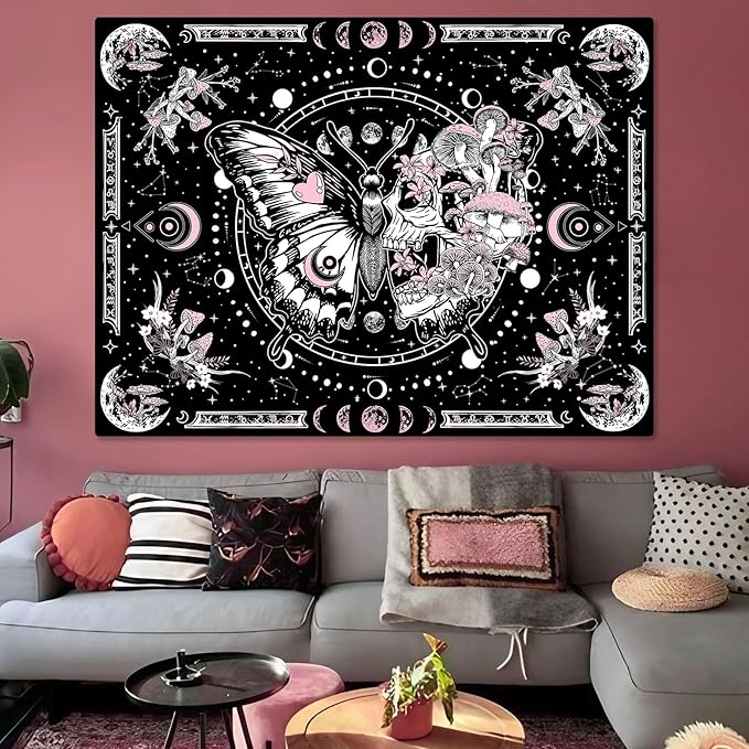 Skeleton Butterfly Tapestry Pink Skull Hippie Mushroom Plants Tapestry for Bedroom Moon phase Aesthetic Tapestries Wall Hanging for Living Room Dorm (Pink, 60” x 44”)