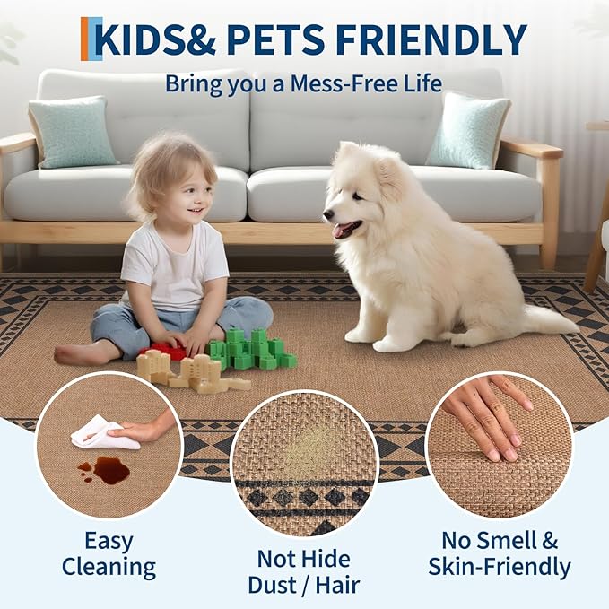 GarveeHome Solid Bordered Easy Jute Rug 5x7 Washable Jute Rugs for Living Room Patio Farmhouse Indoor Outdoor Rug Non Slip Non-Shedding Neutral Rugs for Patio Backyard Dining Room Bedroom, Brown