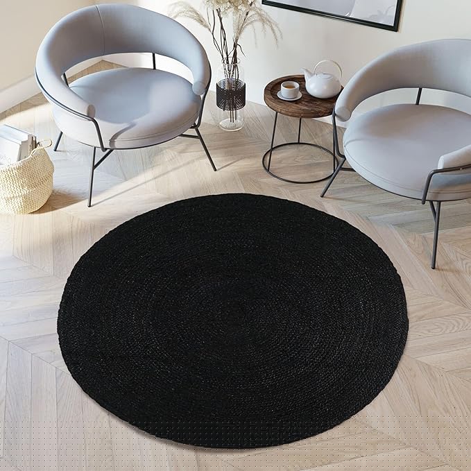 Hand Woven Braided Jute Rug - 4' Round - Black Reversible Farmhouse Rugs for Living Room, Bedroom, Dining Room, Kitchen - Natural Decorative Floor Boho Entry Area Rugs - Round Rug 4ft