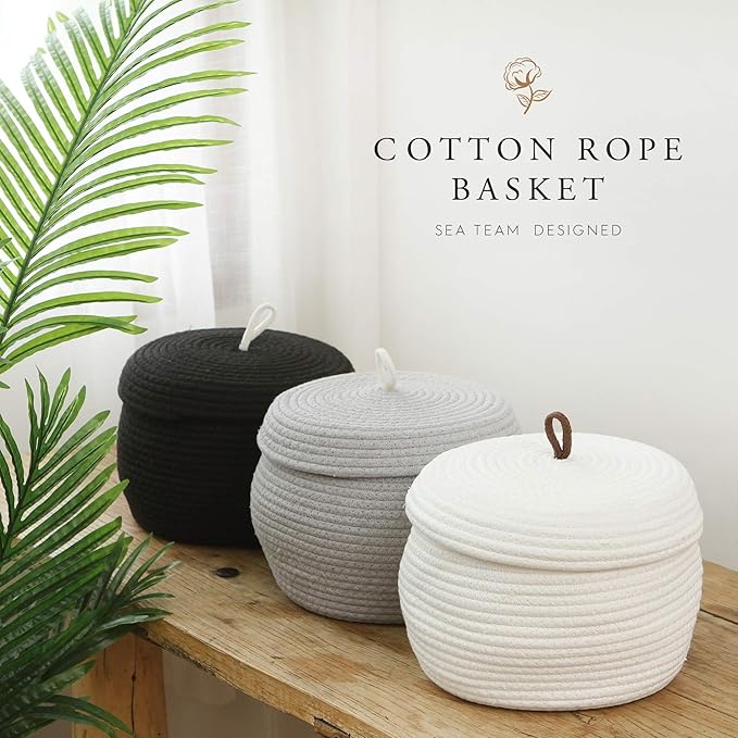 Sea Team Round Cotton Rope Storage Basket with Lid, Decorative Woven Storage Bin, Pot, Caddy, Organizer, Container for Snacks, Towels, Plants (Grey, Small/2-Pack)
