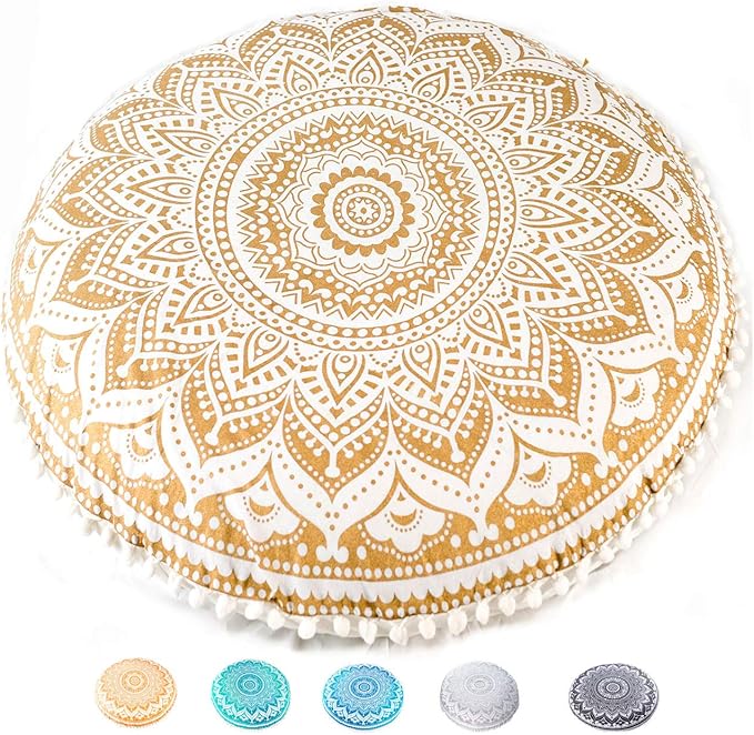 Mandala Life ART Bohemian Yoga Décor Floor Cushion Cover - Insert NOT Included - Round Mediation Pillow Case - Hand Printed Organic Cotton Pouf