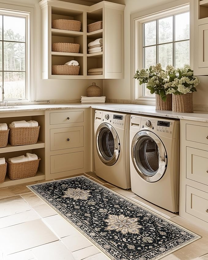 Area Rugs 2'x5' Runner Rug Non Slip Washable for Kitchen Hallway Bedroom Beside Laundry Room Bathroom Rug, Floor Carpet, Black Brown Neutral Dark Tan