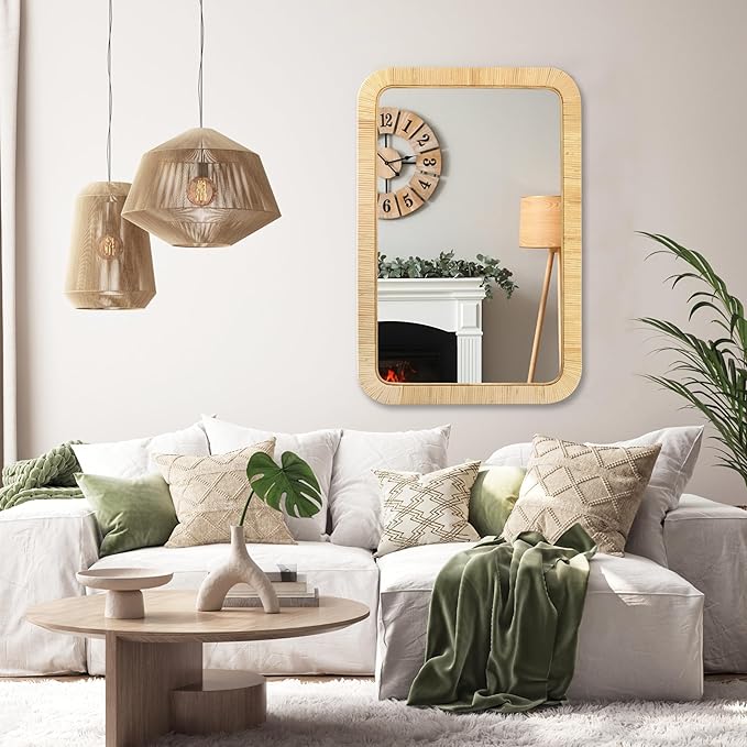 PERFNIQUE Rattan Mirror, 30'' x 20" Rectangle Boho Bathroom Mirror, Decorative Wall Nursery Decor, Rustic Farmhouse Handmade Wicker Mirror for Bathroom Bedroom Entryway Living Room Decor