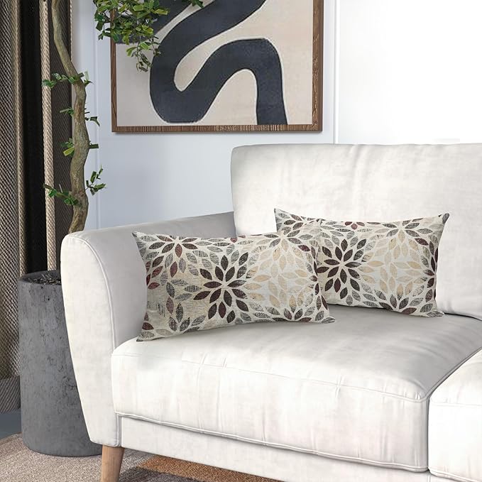 Kawani Burgundy Red Dahlia Lumbar Pillow Covers 12X20 Inch Rustic Rust Geometric Flower Decorative Pillow Cases Set of 2 Beige Tan Gray Floral Throw Pillows for Cushion Sofa Couch Farmhouse Outdoor