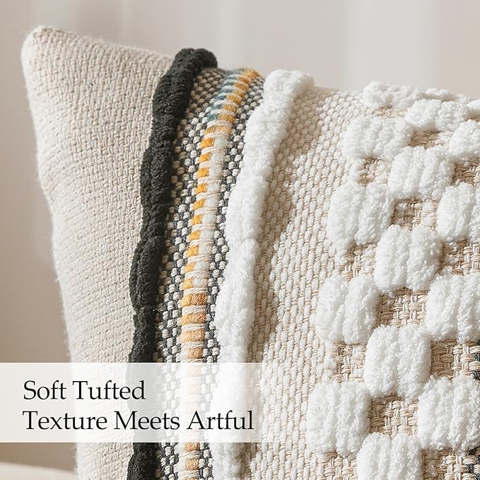 ANRODUO Pack of 2 Boho Decorative Throw Pillow Covers 20x20 Farmhouse Cushion Case Striped Chenille Pillow Cases Square Pillow Covers Accent Neutral Pillowcase for Sofa Couch Bed, Black-White Stripe