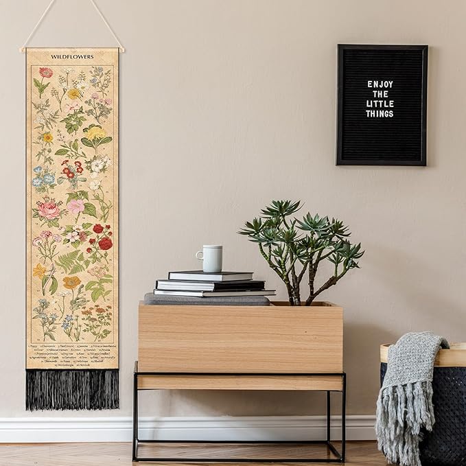 Geetery Vintage Floral Vertical Tapestry Wall Hanging Decor Long Flower Narrow Botanical Fabric Wall Art Hanging Reference Illustrative Tassel Tapestry for Bedroom Living Room Home Decor Gift(Natural)