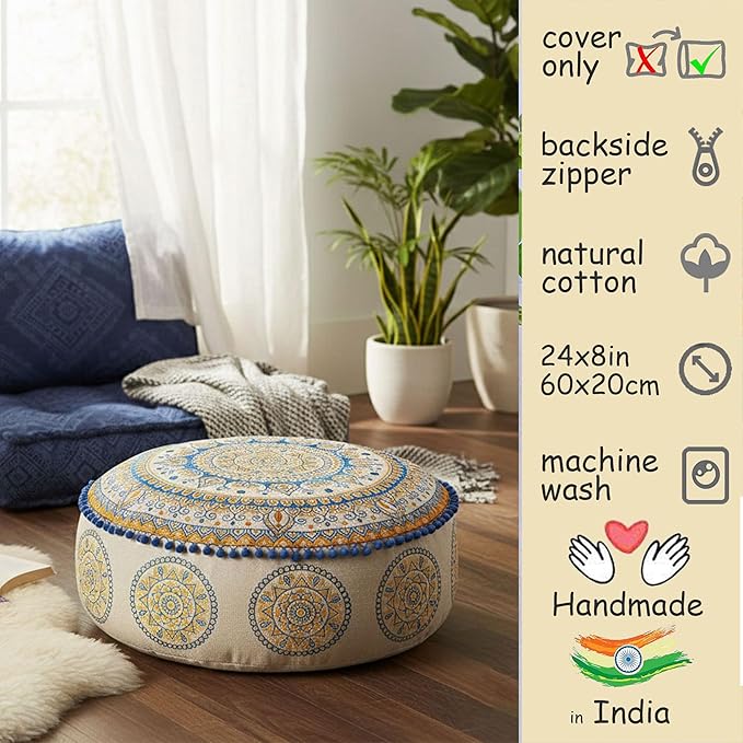 Boho Floor Pillow Cover Round Moroccan Large Pouf Ottoman Room Décor Cushion for Meditation Yoga and Boho Chic Bohemian Furniture Perfect for Living Room, Bedroom, Nursary or Children Room Unstuffed