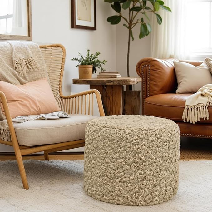 Ottoman Foot Rest Stuffed Round Boho Floor Poof Seating Armchair Ottoman Foot Stool Floor Cushion Bean Bag Pouf 18x18x14 Inch Hazel