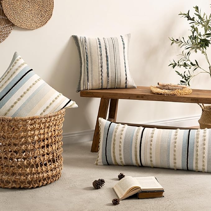 ANRODUO Pack of 1 Boho Decorative Throw Pillow Covers 14x36 Farmhouse Cushion Case Long Striped Chenille Pillow Cases Lumbar Pillow Covers Accent Neutral Pillow for Sofa Couch Bed, Light Blue Stripe