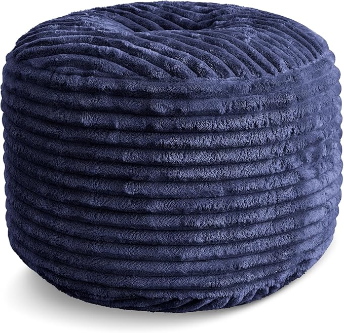 SHOUREN Stuffed Round Pouf Ottoman,Lightweight and Fluffy Poufs Storage Ottoman for Living Room,Corduroy Foot Rest with Shredded Foam Filling,Soft Floor Pouf for Couch,18"x 14", Navy