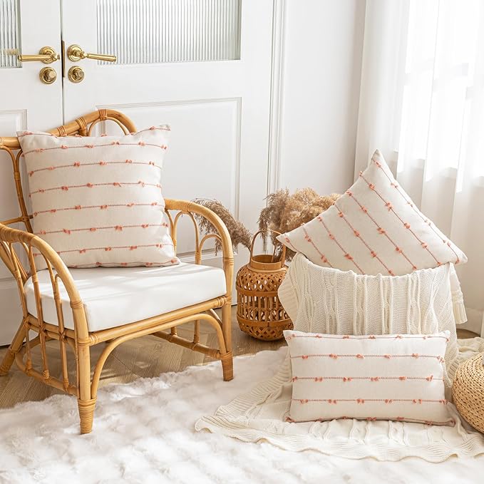 Boho Throw Pillow Covers 24x24 Set of 2 Modern Farmhouse Decorative Cushion Case Tufted Square Pillows Cover Neutral Pillow Cases Accent Pillowcase for Sofa,Couch,Bed,Beige and Pink