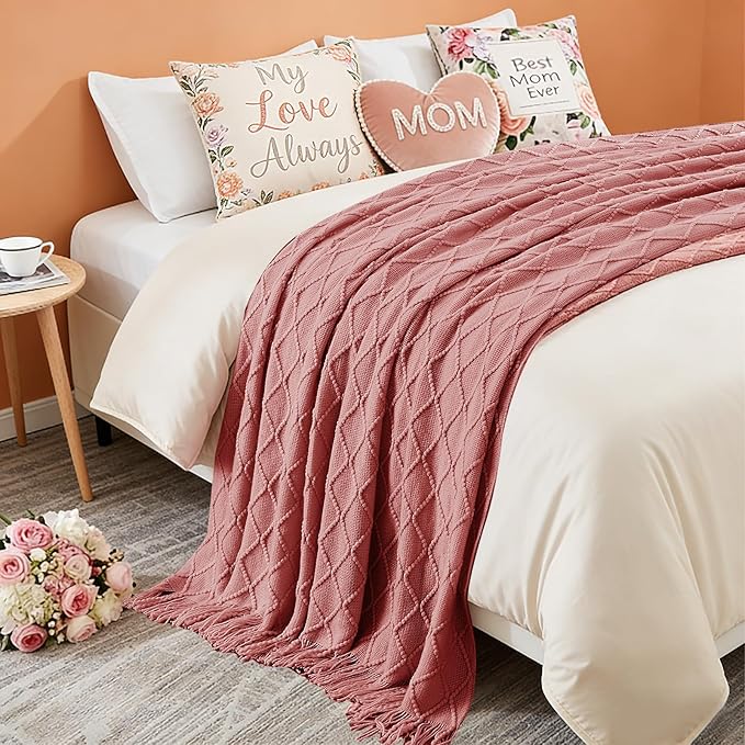 inhand Coral Pink Knitted Throw Blanket for Couch Bed, Mothers Day/Mom Birthday Gifts for Mom from Daughter Son, Soft Lightweight with Tassels, Farmhouse Warm Decorative Blanket for Women, 60"x80"