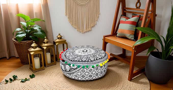 CRAFT KALA Black Elephant Flower Large Hippie Mandala Meditation Floor Ottoman Pillow Cushion Pouf Cover Square Poufs Bohemian Floor Cushion Case Outdoor Fireplace Living Room Decor Cover 16" Round