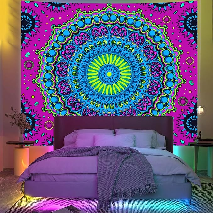 Apdidl Blacklight Trippy Mandala Tapestry for Bedroom, Black Light UV Reactive Posters Wall Hanging Aesthetic, Neon Colorful Hippie Boho Art Decor Tapestries for Living Room Adults 51" X 60"
