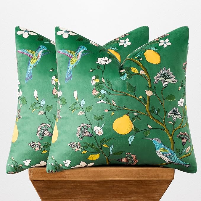MUSSEL Dark Green Velvet Throw Pillow Covers 20x20 Pack of 2, Vintage Floral Pillow Covers, Mid Century Flower Plant Cushion Covers for Sofa Living Room Home Decor