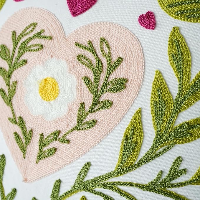 vctops Heart Flower Embroidered Decorative Throw Pillow Cover Spring Summer Floral Square Pillow Cases Cute Cotton Cushion Cover for Couch Sofa Bed (Flower E,18"x18")