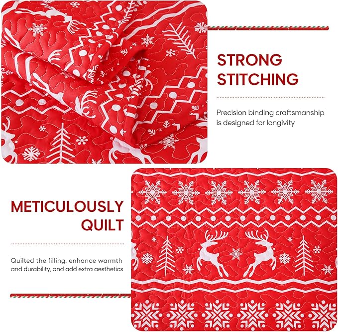 JSD Nordic Christmas Quilt Set Full/Queen, Red White Reindeer Snowflakes Tree Printed Bedspreads Coverlet with Pillow Sham 2 Piece
