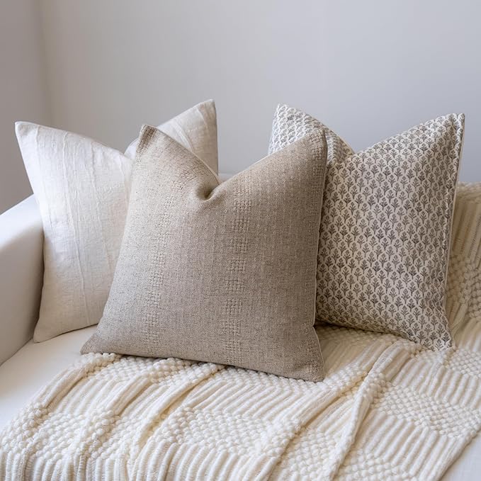 Decorative Neutral Throw Pillow Covers 24x24 Farmhouse Pillow Covers Cotton Stripe Cushion Covers Home Decor for Sofa Couch Living Room Bedroom 1PC, Waffle