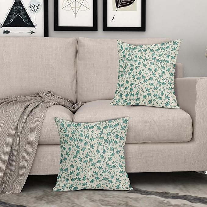 Aqua Floral Pillow Covers 22x22 Set of 2 Vintage Rustic Old Style Cute Small Flower Cream Print Decorative Outdoor Pillowcases Farmhouse Throw Cushion Case Decor for Couch Sofa Bed
