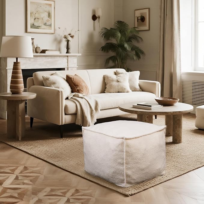Square Boucle Pouf Ottoman Footrest, Soft & Lightweight Footstool with Foam Filling for Living Room & Bedroom, Laid-Back Lounge Style
