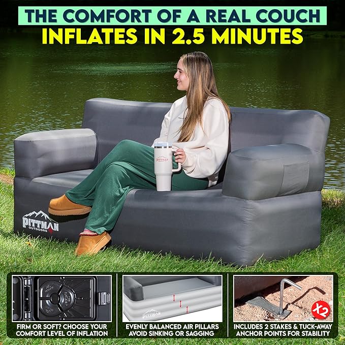 Pittman - Inflatable Couch with Built in Pump for Outdoors & Indoors - Blow Up Couch for Camping, Glamping or Home use has Heavy Duty Puncture Resistant Fabric for Inflatable Sofa Comfort & Durability