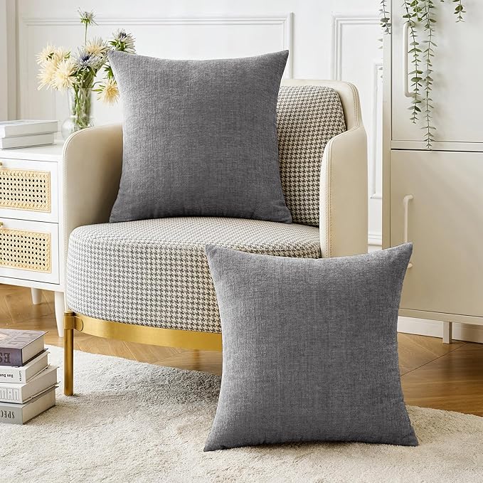MIULEE Pack of 2 Dark Gray Throw Pillow Covers 16x16 Inch Soft Chenille Pillow Covers for Sofa Living Room Couch Solid Dyed Cases
