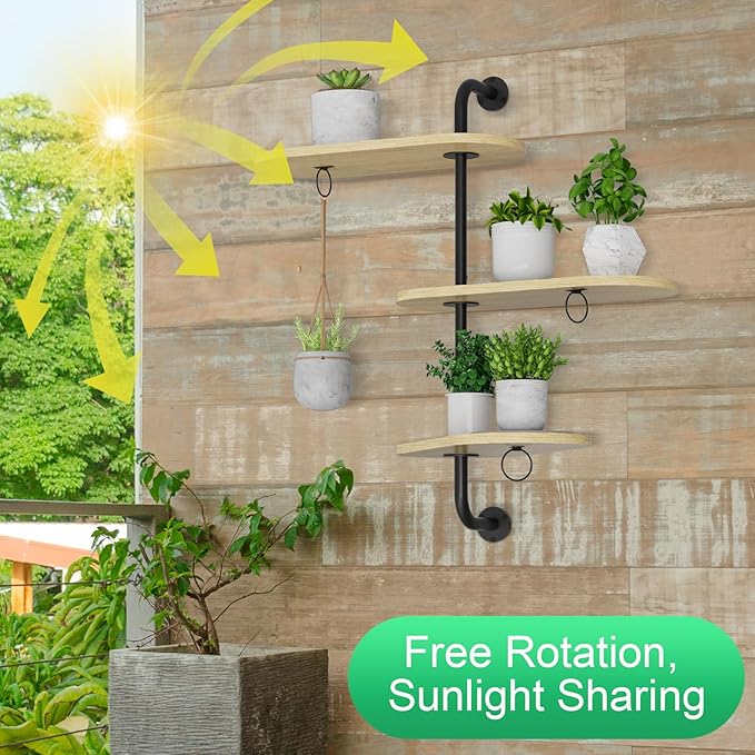 Rotating Window Plant Shelves with 3 Anti-slip Mats, 3 Tier Plant Stand Indoor Outdoor, Wooden Window Plant Shelf with 3 Circle Hook, Hanging Plant Holder for Window, Potted Plants, Flowerpots (Oak Color, 3 Tier)