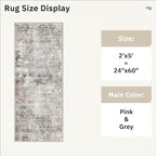 Runner Rug 2x5 Washable Non-Slip Kitchen Runner Rugs for Bathroom Laundry Room Pink/Grey Vintage Floor Carpet Runners for Hallway Entryway